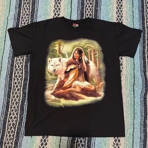 Thunder Sportswear Native American Woman White Wolf Graphic T-Shirt Black Large